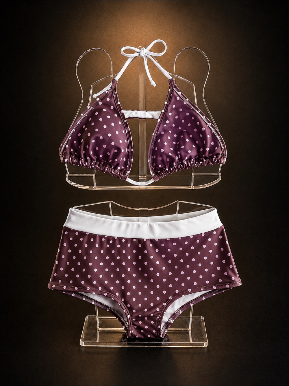 Zaful Plum Polka Dot High-Waist Triangle Bikini with White Trim